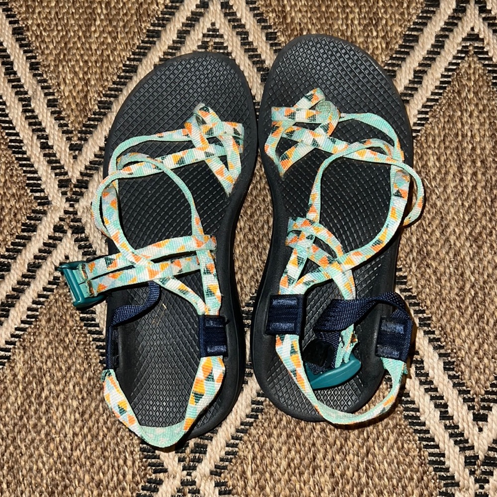 Mint, Orange, White, and Teal Chacos
